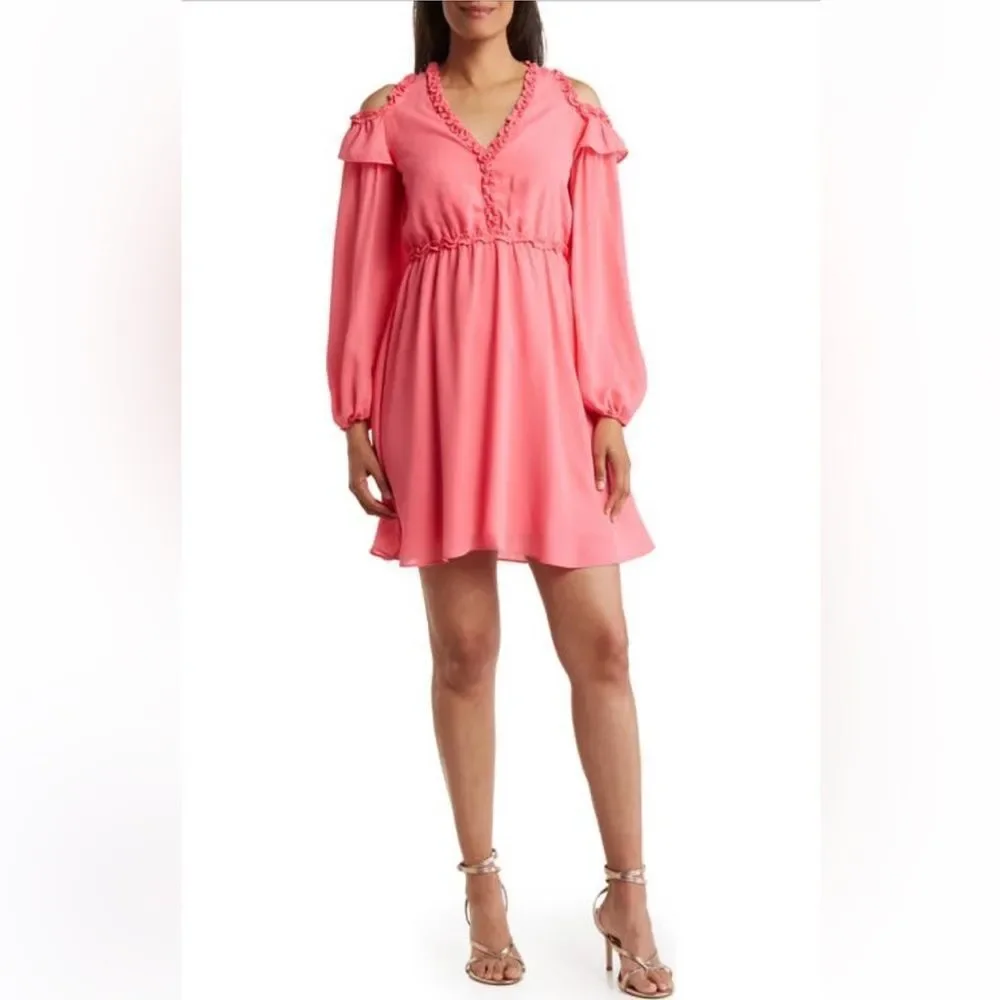 Nicole Miller Cold Shoulder Ruffle Long Sleeve Pink Dress Size 8 New - Picture 4 of 4